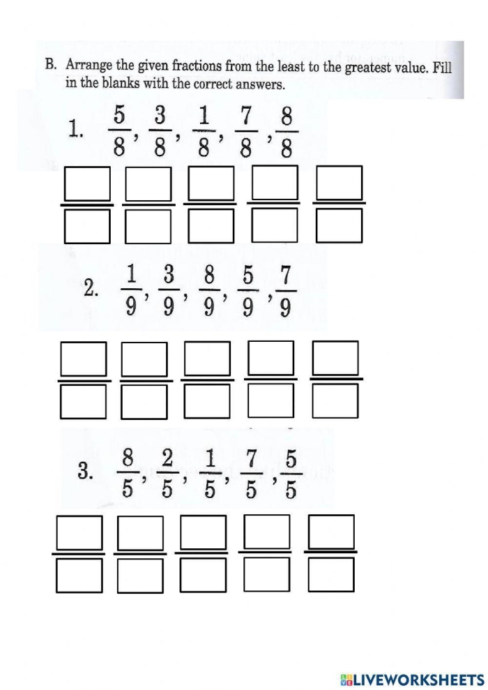 Fourth grade worksheet showing students comparing fractions to find the least and greatest with different denominators