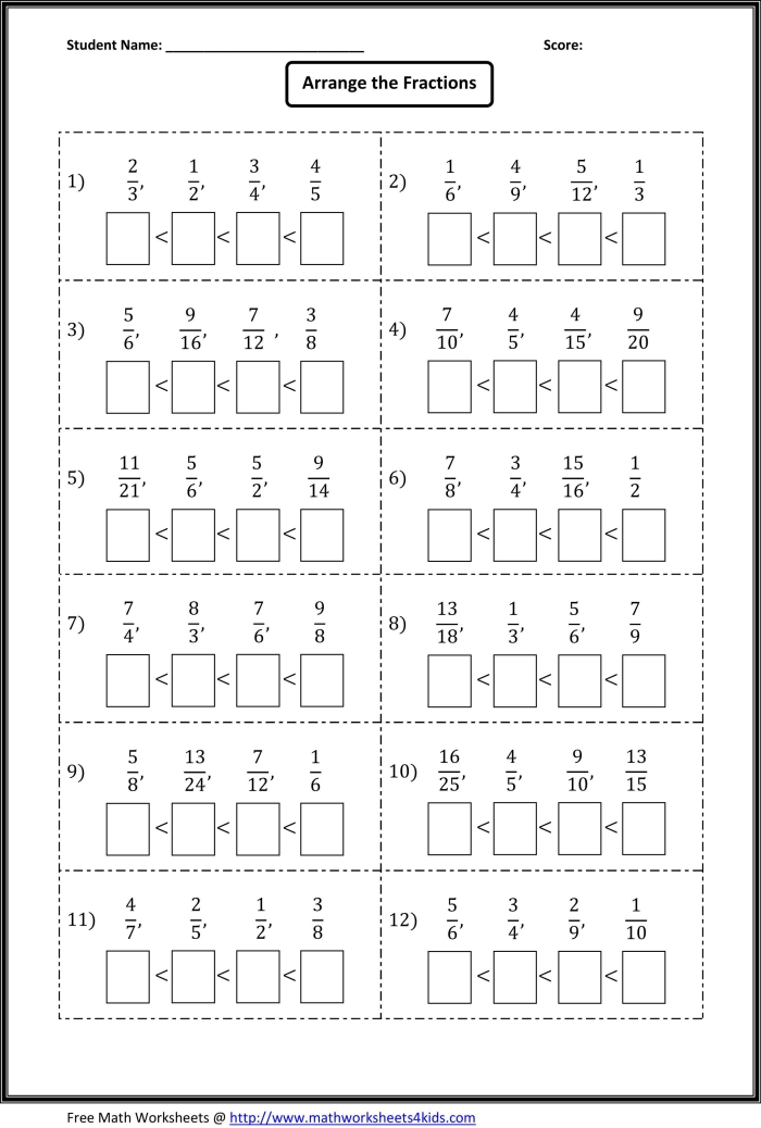 Fourth grade worksheet showing fractions with different denominators for comparison