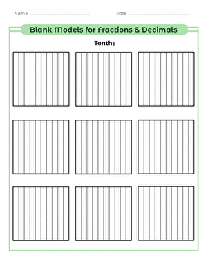Blank models worksheet showing fractions and decimals for fourth grade math practice