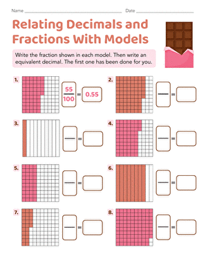 Blank fraction and decimal models worksheet for fourth grade math practice