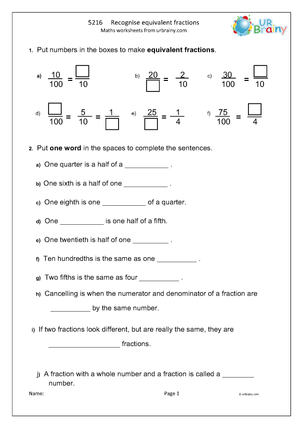 Fourth grade equivalent fractions and decimals practice worksheet with conversion problems and visual fraction models for learning equivalencies