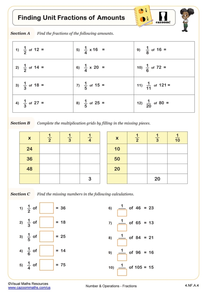 Fourth grade math worksheet showing equivalent fractions and decimals practice problems with visual fraction models