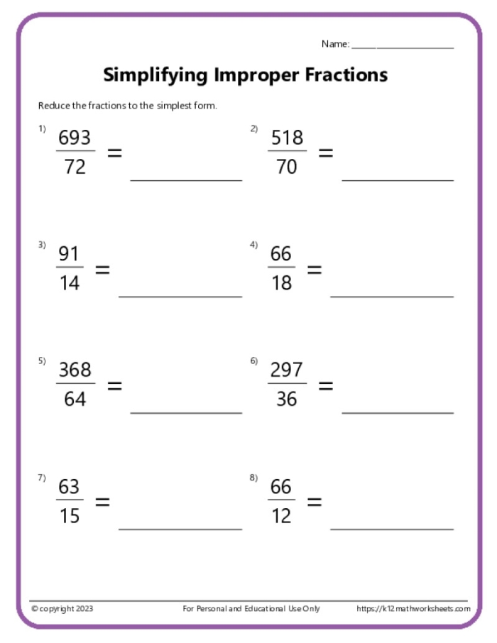 Simplifying Fractions Practice Sheet for Fourth Graders number 24 Fourth grade math worksheet focusing on simplifying fractions for practice