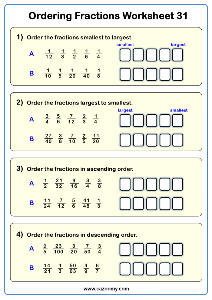 Fourth grade worksheet comparing fractions to find the least and greatest with different denominators