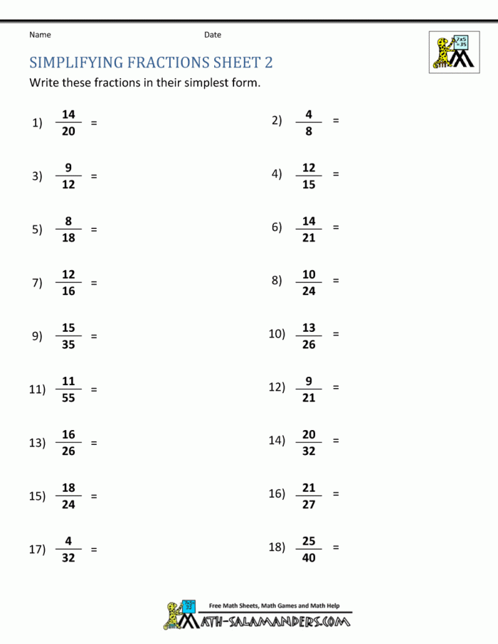 Simplifying Fractions Skill Practice worksheet for 4th grade learners, image 19 Fourth grade worksheet focused on simplifying fractions for skill practice