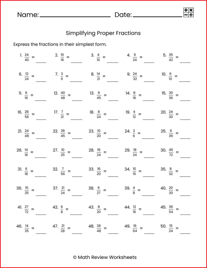 Skill Practice 3 Simplifying Fractions worksheet for fourth graders, image 23 Fourth grade math worksheet focused on simplifying fractions for skill practice