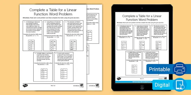 Function Tables & Word Problems worksheet for mixed operations practice Worksheet featuring function tables and word problems for fourth-grade students