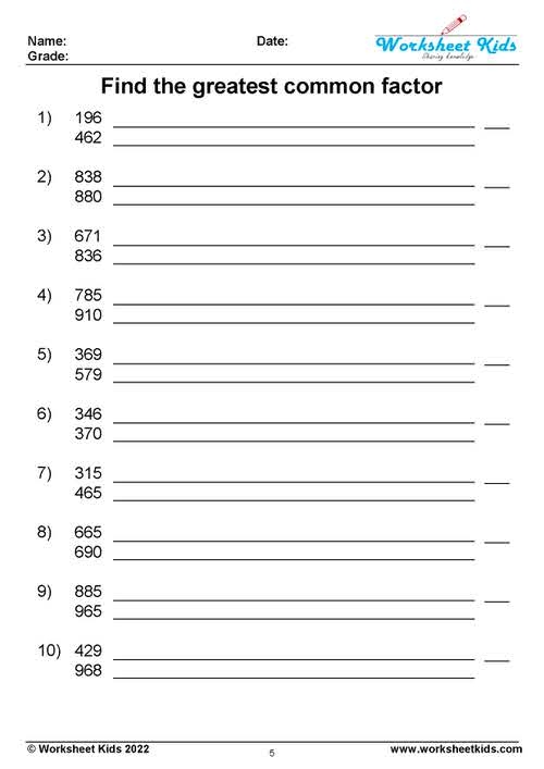Greatest Common Factor Part 1 math practice worksheet for grade 4 students Fourth grade students practicing greatest common factor problems on a worksheet