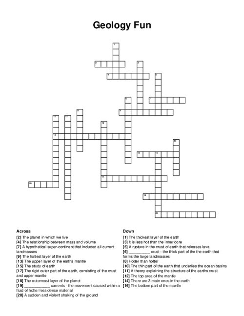 Engage with geology terms in this challenging crossword puzzle for fourth graders Fourth grade geology crossword worksheet focusing on key vocabulary terms