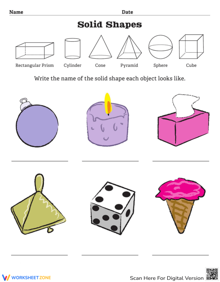 Fourth grade addition worksheet featuring geometric solid shapes for early math learners