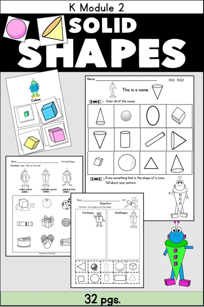 Fourth Grade addition worksheet featuring geometric solid shapes for early math learning