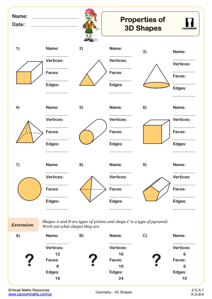 Fourth Grade worksheet featuring addition problems with geometric solid shapes for shape recognition