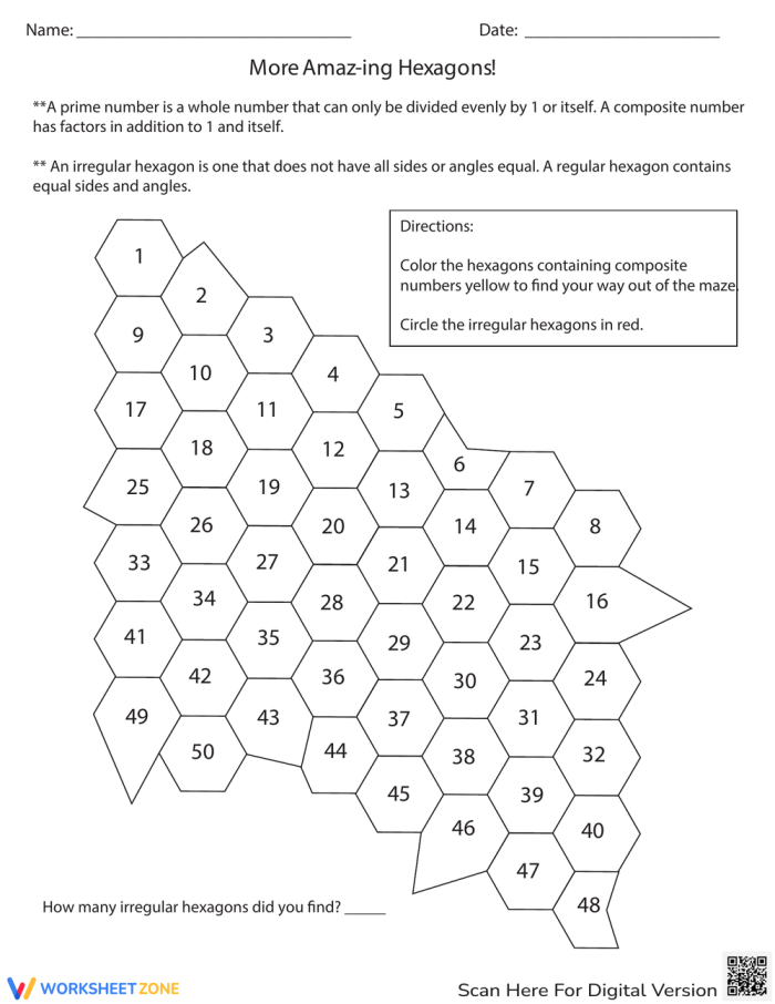 Writing worksheet for Fourth Grade Students engaging with the It's a Maze of Hexagons! worksheet, identifying various polygons and prime numbers. Educational activity for fourth graders focusing on geometry and number theory.