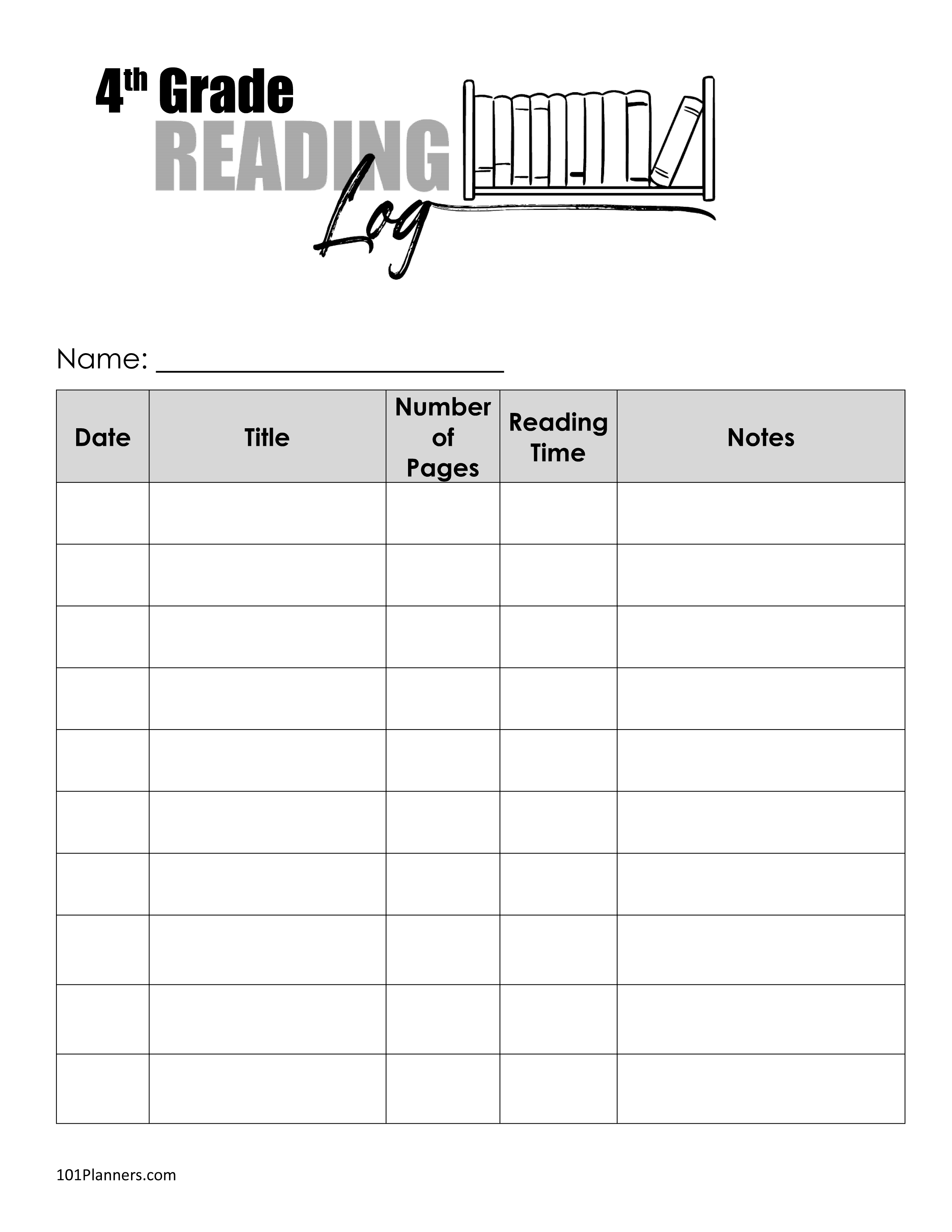 History reading log template for fourth graders to monitor daily progress on weekdays Fourth Grade Reading Log worksheet for tracking weekday reading in history class