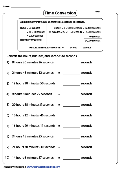 Visual guide for the Converting Hours to Seconds worksheet designed for addition practice. Worksheet for converting hours to seconds, suitable for fourth-grade math students.