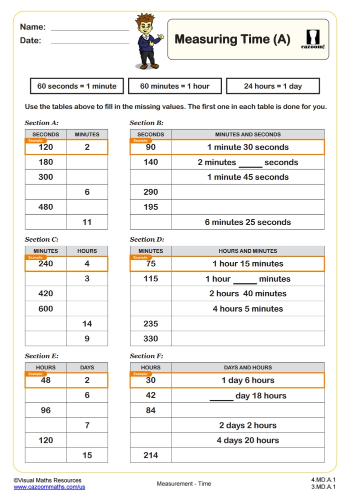 Addition worksheet for Fourth Grade Worksheet for converting hours to seconds, designed for fourth-grade students learning addition. Educational image illustrating the relationship between hours, minutes, and seconds.