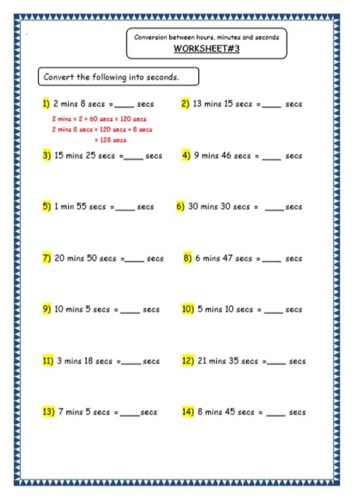 Educational resource for practicing time conversions in addition math Worksheet demonstrating the conversion of hours to seconds for fourth graders