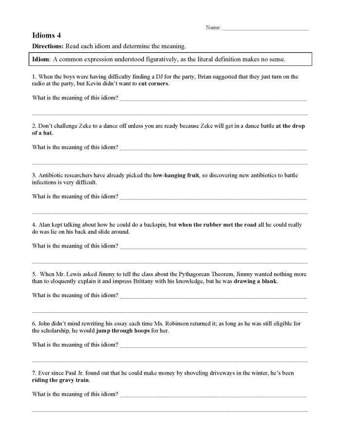 Fourth grade students filling out a Making Sense of Idioms worksheet focused on geometry concepts