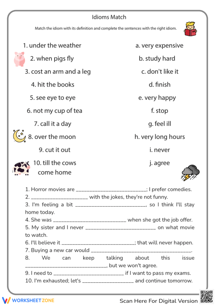 Fourth grade students filling out a geometry worksheet with idioms to complete sentences
