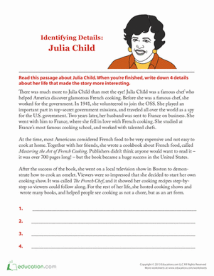 Julia Child biography worksheet for fourth graders with a comprehension exercise