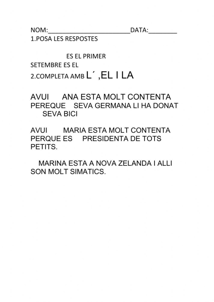 Worksheet illustrating the differences between "la" and "el" for fourth-grade Spanish learners