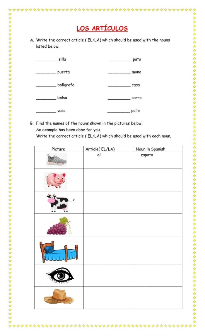 Worksheet showing examples of "la" and "el" for fourth-grade Spanish learners
