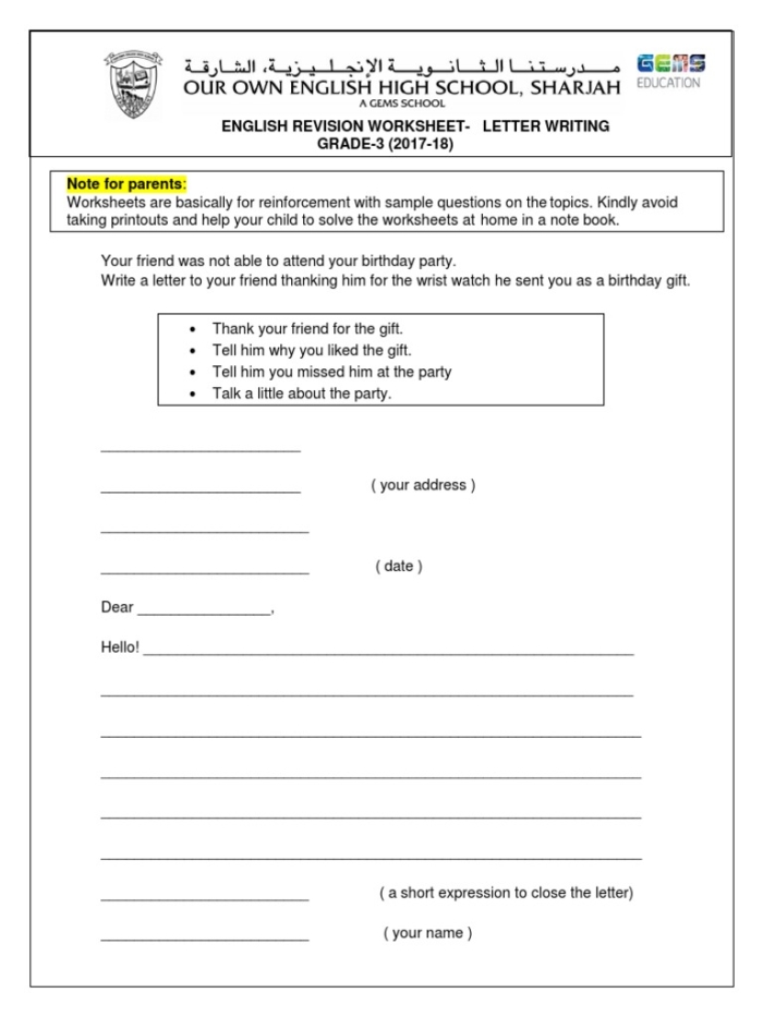 Comprehensive guide to writing a complete letter with format and conventions for grade 4 learners Letter Checklist worksheet for fourth grade students covering letter parts, format, and closing tips