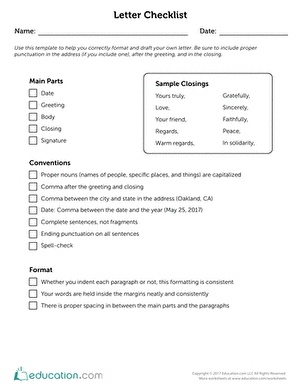 Detailed Letter Checklist worksheet for students to review letter components and closings Fourth Grade Letter Checklist worksheet highlighting key parts and formatting tips