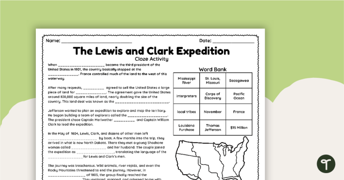 Image title: Handwriting practice featuring Lewis and Clark's exploration journey ALT text: Engaging worksheet for fourth graders on Lewis and Clark's historical adventure