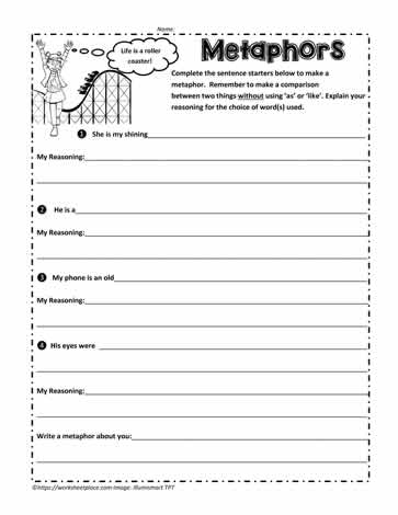 Practice worksheet for writing metaphors with linking verbs in grammar class Fourth grade student completing a worksheet on writing metaphors using linking verbs