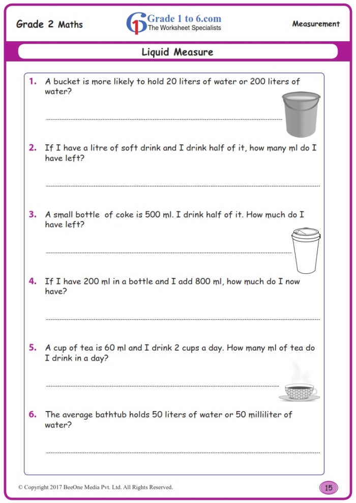 Liquid Measurement Word Problem worksheet featuring liquid conversion challenges for fourth graders