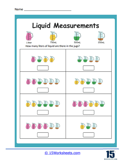 Liquid Measurement Word Problem worksheet for fourth graders featuring conversion challenges and a chart
