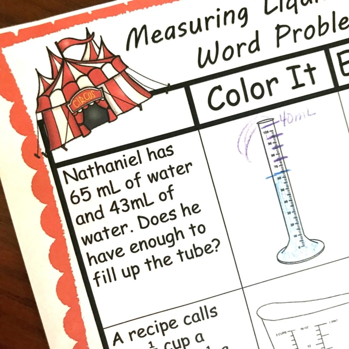 Liquid measurement word problems worksheet featuring a conversion chart for fourth graders