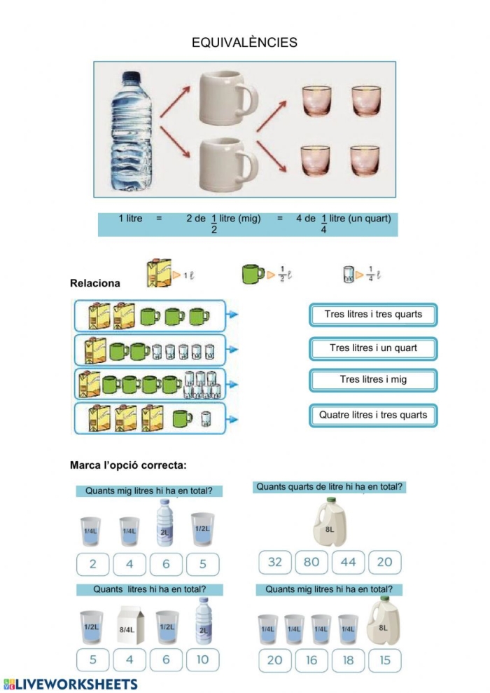 Liquid measurement word problem worksheet for fourth graders focusing on conversions and multiplication