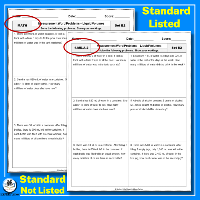 Liquid Measurement Word Problem worksheet for fourth graders featuring a conversion chart