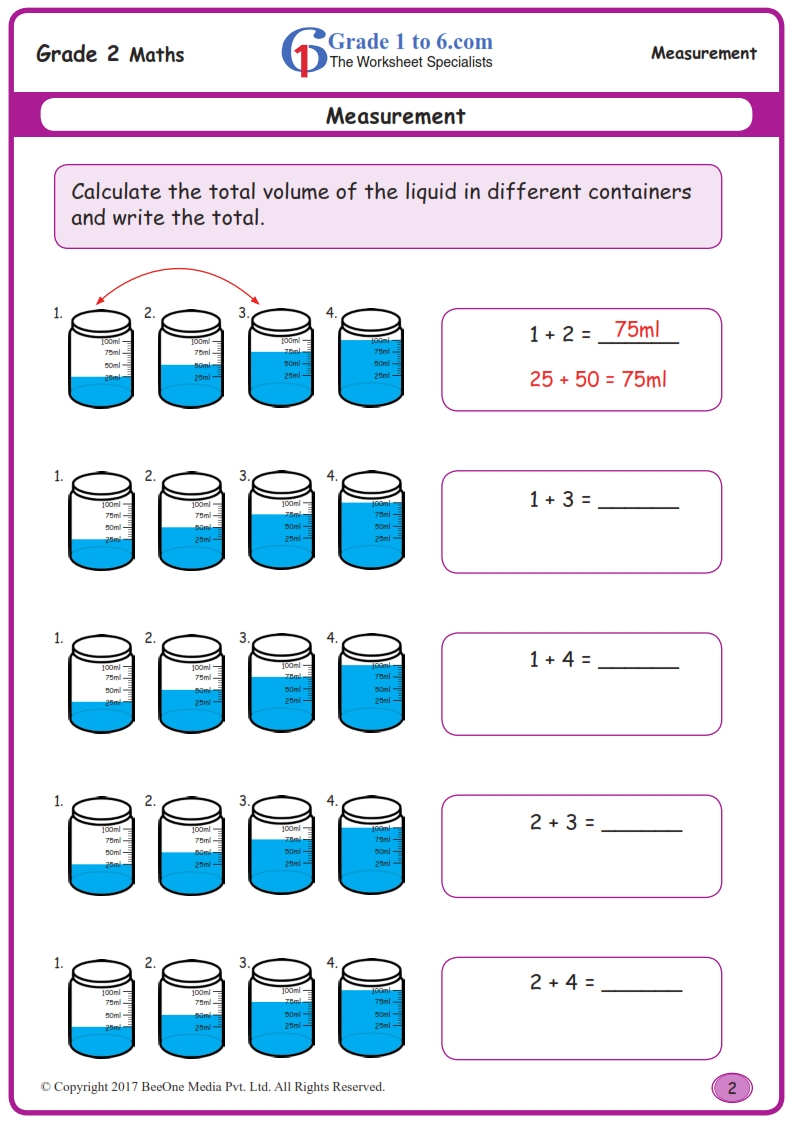 Fourth-grade students solving liquid measurement word problems on a worksheet
