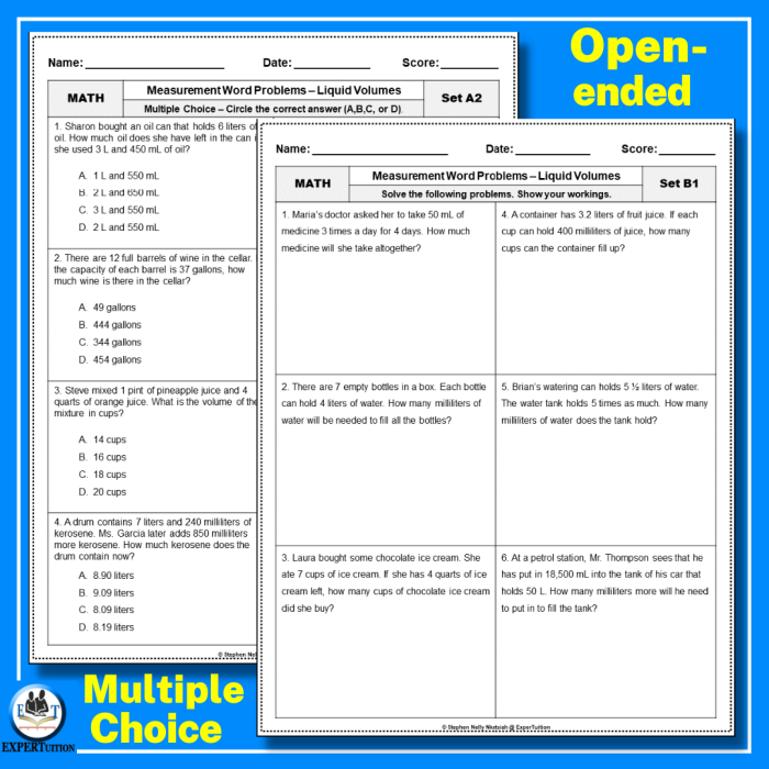 Liquid Measurement Word Problem worksheet for fourth graders featuring a conversion chart