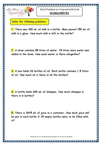 Liquid Measurement Word Problem worksheet featuring conversion challenges for fourth graders