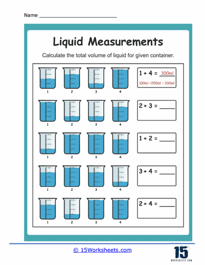 Liquid Measurement Word Problem worksheet for fourth graders featuring a conversion chart