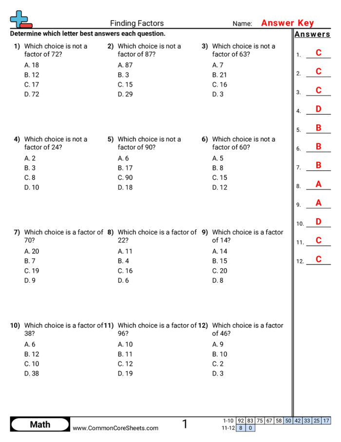 Factor or Not? worksheet for practicing factor identification in fourth grade math lesson 24 Fourth grade student completing a Factor or Not? worksheet focused on factors in multiplication