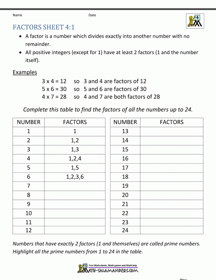 Factor or Not worksheet for practicing factor recognition in fourth grade math Fourth grade worksheet focusing on identifying factors in math problems