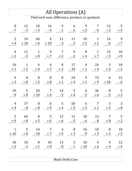 Challenging math fill in the operation exercise for fourth graders, image 11 Fourth grade math worksheet requiring students to fill in missing operations for each problem