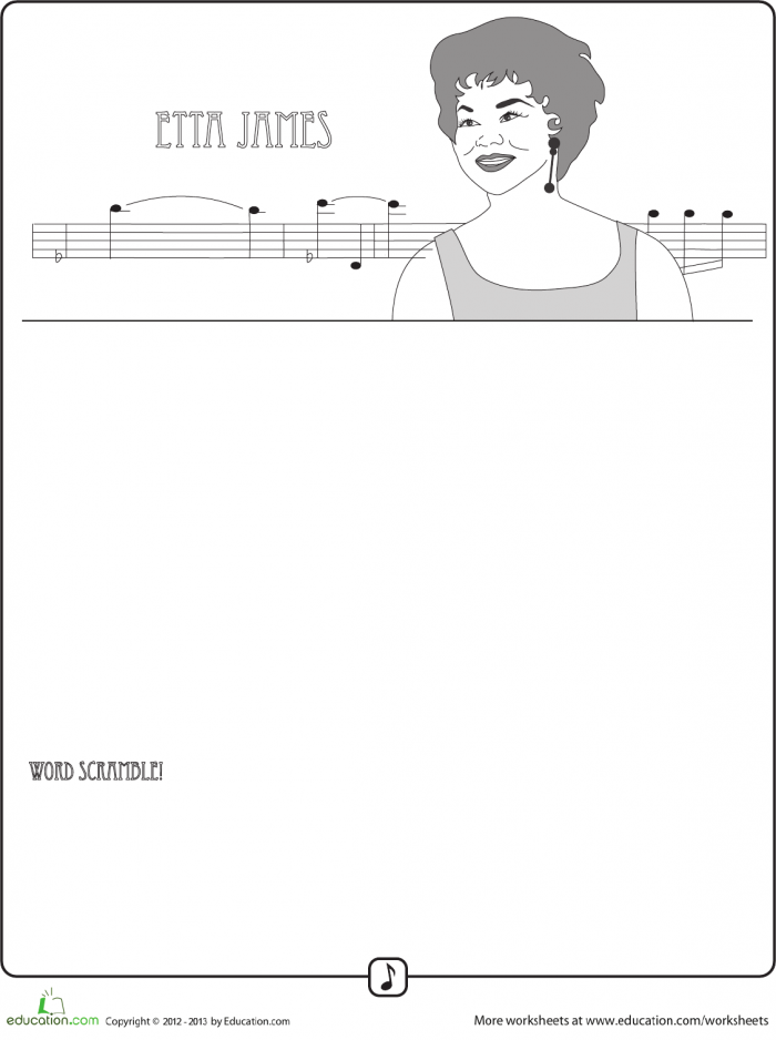 Fourth grade worksheet on jazz legend Etta James featuring exponents and roots exercises