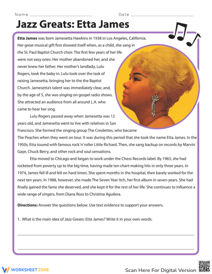 Fourth grade math worksheet featuring jazz legend Etta James and exponent problems