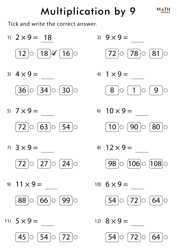 Practice multiplying by 9 with this fun and challenging worksheet for young learners Fourth grade math worksheet focused on multiplying by 9 with various problems