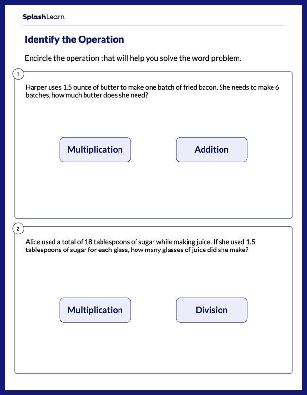 Challenging fill in the operation activity for fourth graders to boost math skills Fourth grade math worksheet requiring students to fill in the correct operation to complete equations