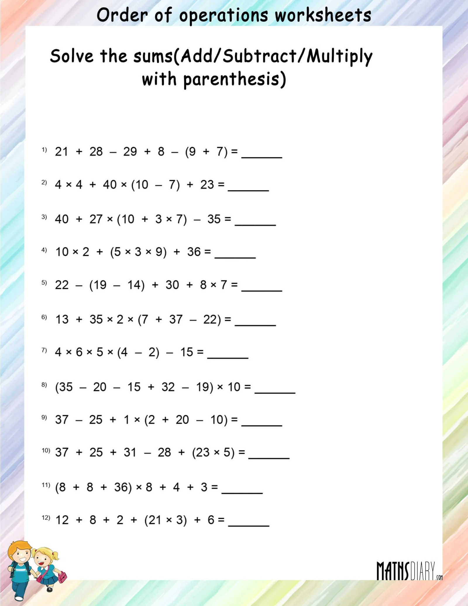 Challenging fill in the blank operations activity for fourth graders, image 9 Fourth grade math worksheet requiring students to fill in the correct operation to solve problems