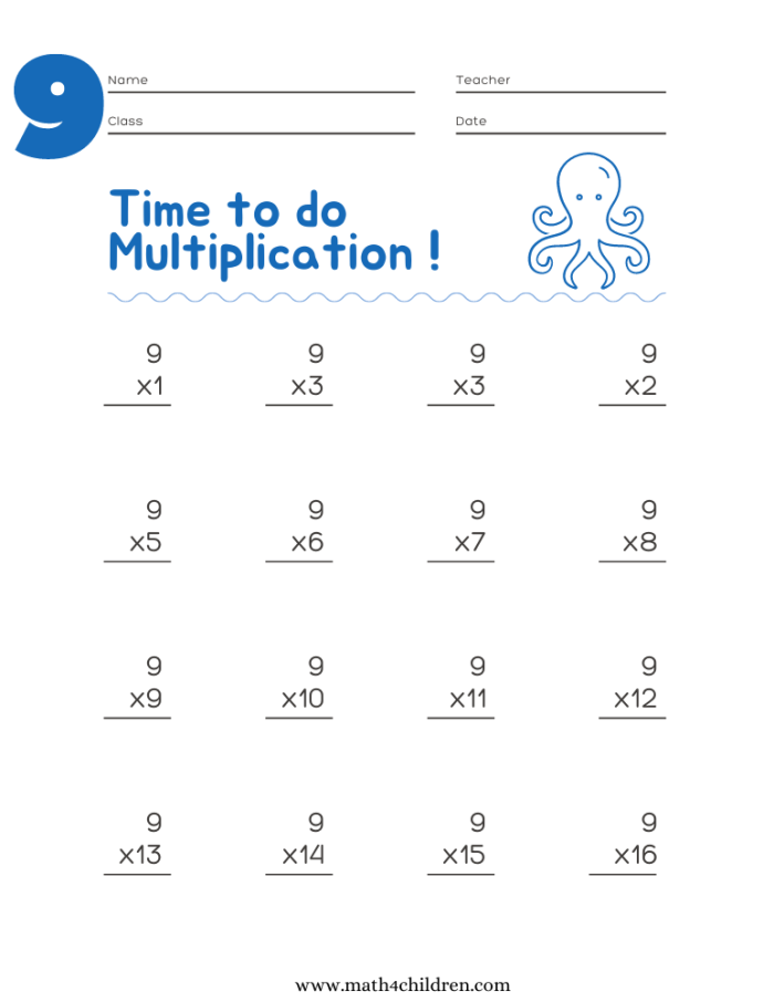 Multiplying by 9 practice worksheet for young math learners in physical science class Child solving a fourth grade multiplying by 9 worksheet with times tables and equations