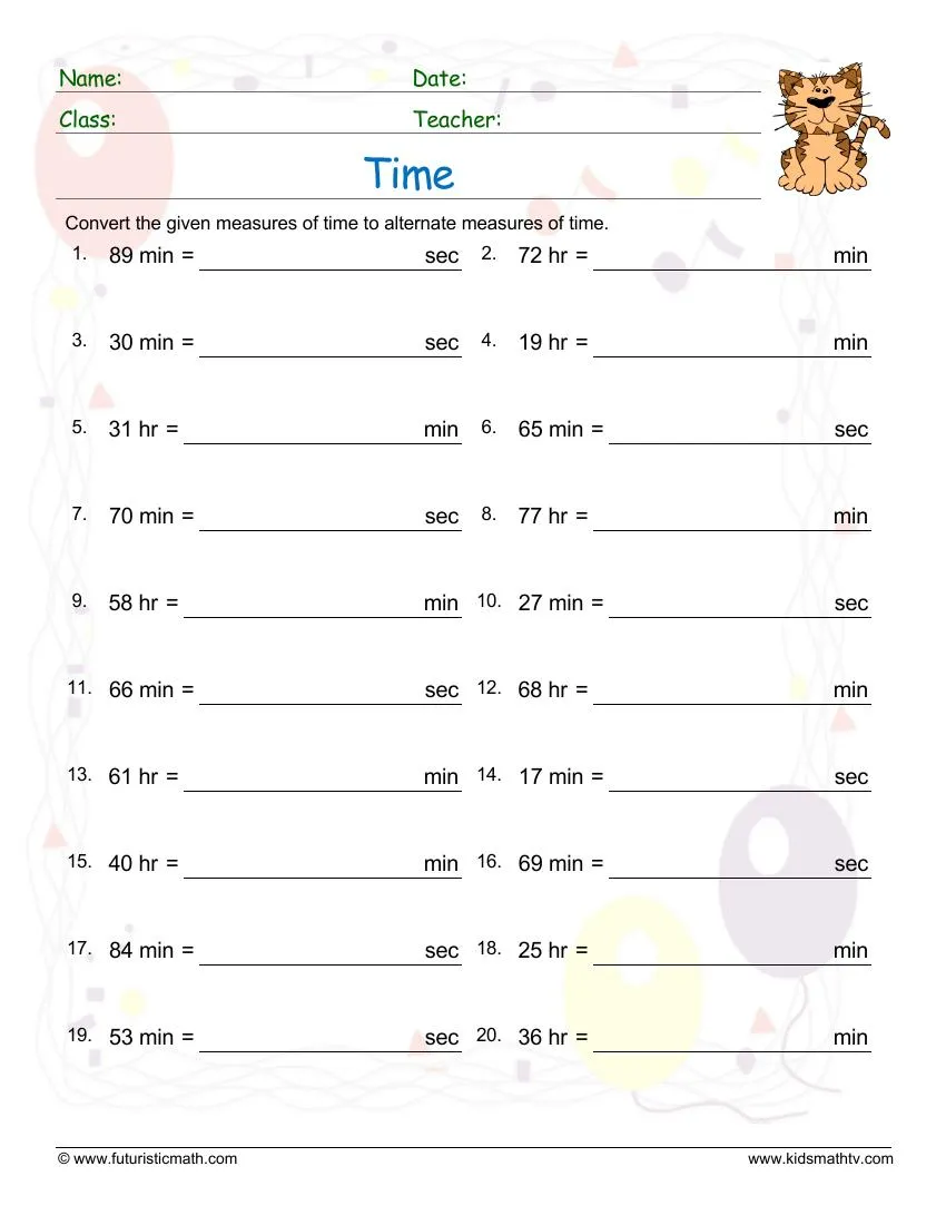 Converting Hours to Seconds Worksheet - Image 25 for Fourth Grade Addition Practice. Worksheet for converting hours to seconds, ideal for fourth-grade students learning addition. Educational resource focused on mental math and time conversions.