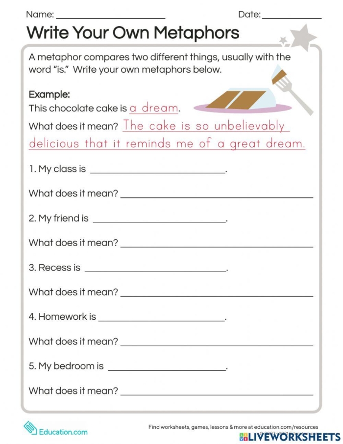 Writing Metaphors with Linking Verbs practice sheet for fourth graders, image 3 Fourth grade grammar worksheet on creating metaphors using linking verbs